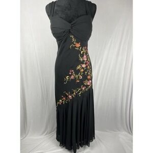 Vtg Y2K Floral Embroidered Maxi Dress Sz 14 Black Gown Fairy Babydoll Whimsigoth